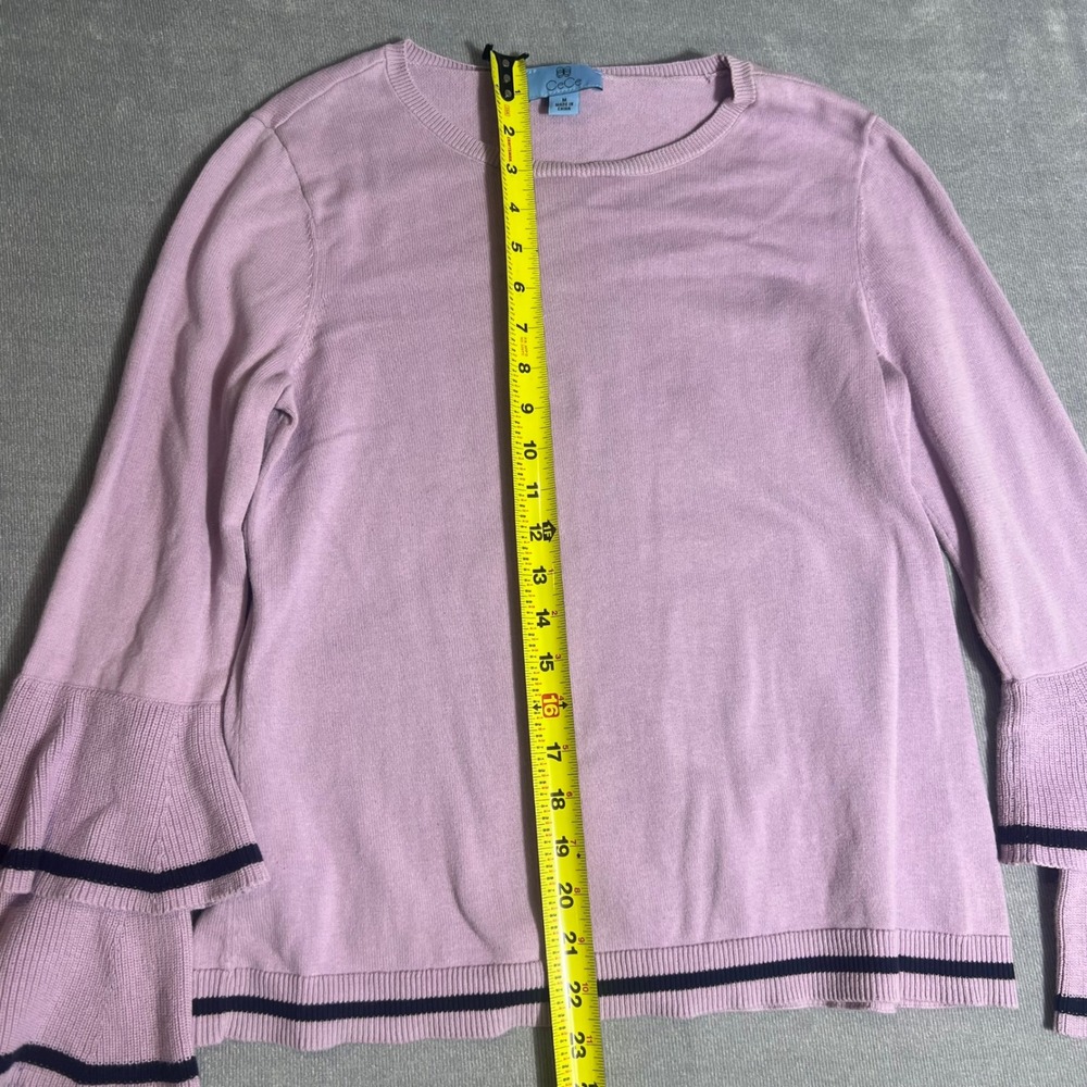 CeCe Pink Tiered Bell Sleeve Cotton Sweater Navy Stripe Trim Lavender Medium - Picture 3 of 7